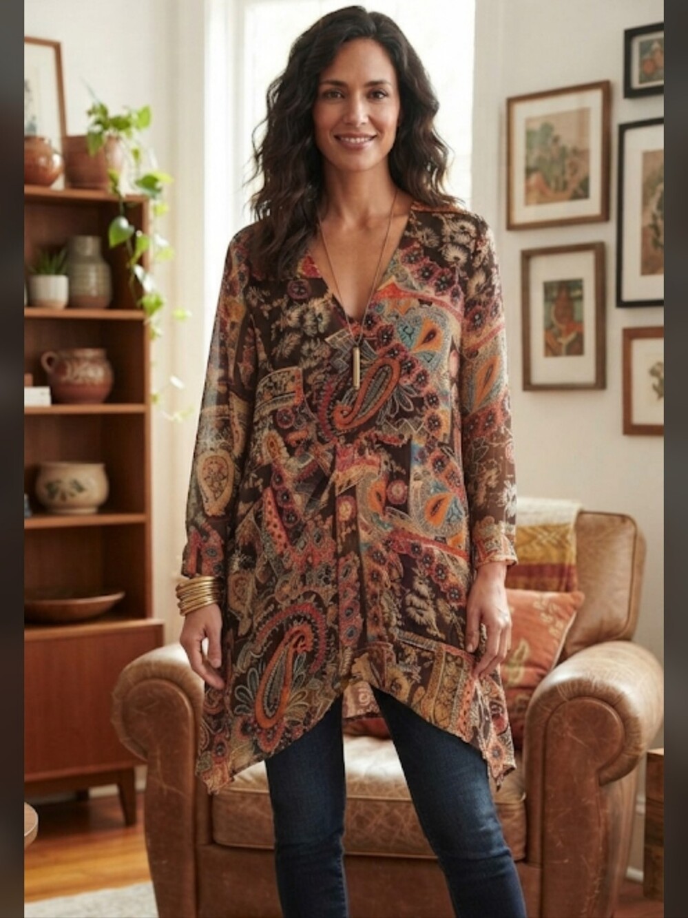 Zoey & Beth Plus Boho Paisley V-Neck Tunic in Multi-Color